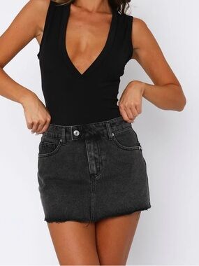 White Fox Raw Hem Black Denim Mini Skirt